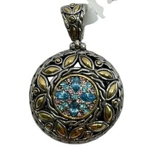 Morning Star Two Tone Ornate Metal Blue Crystal Round‎ Medallion Pendant Y2K